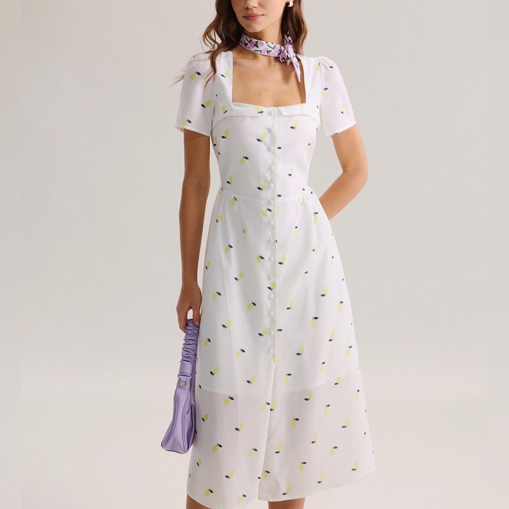 Rihoas White Lemon Fruit Square Neck Midi Dress